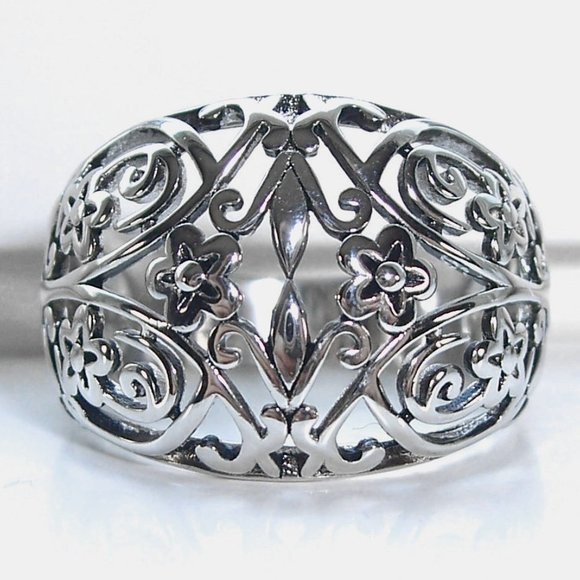 925 STERLING SILVER Open Work Floral Dome Ring - Picture 3 of 16